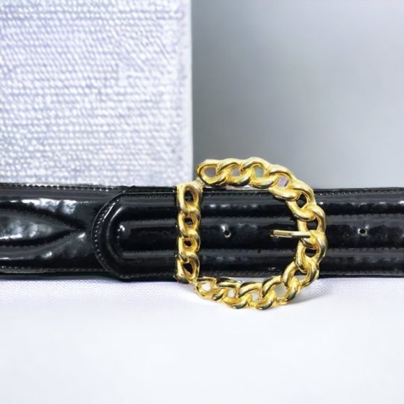 Vintage 90s Black Patent Belt with Gold Tone Buckle M - Picture 3 of 8